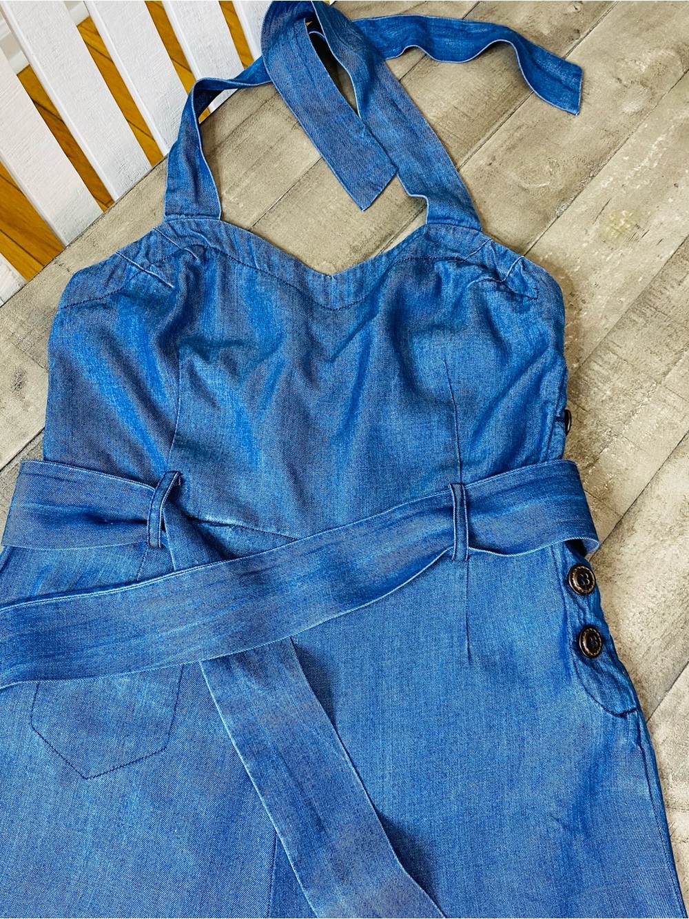 Anthropologie Elevenses Sharlene Denim Halter Jumpsuit Wide Leg Flare Size 6 - Picture 5 of 13